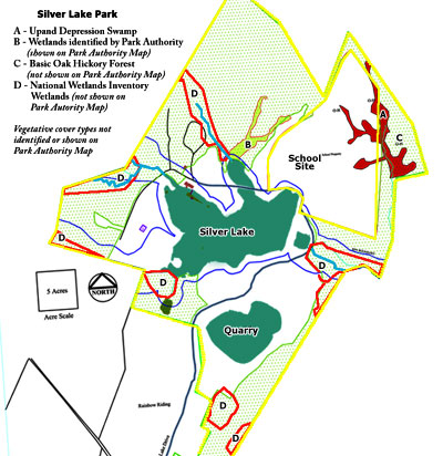Park Authority's map of Silver Lake environmental resources showing National Wetlands Inventory data outlined in red.